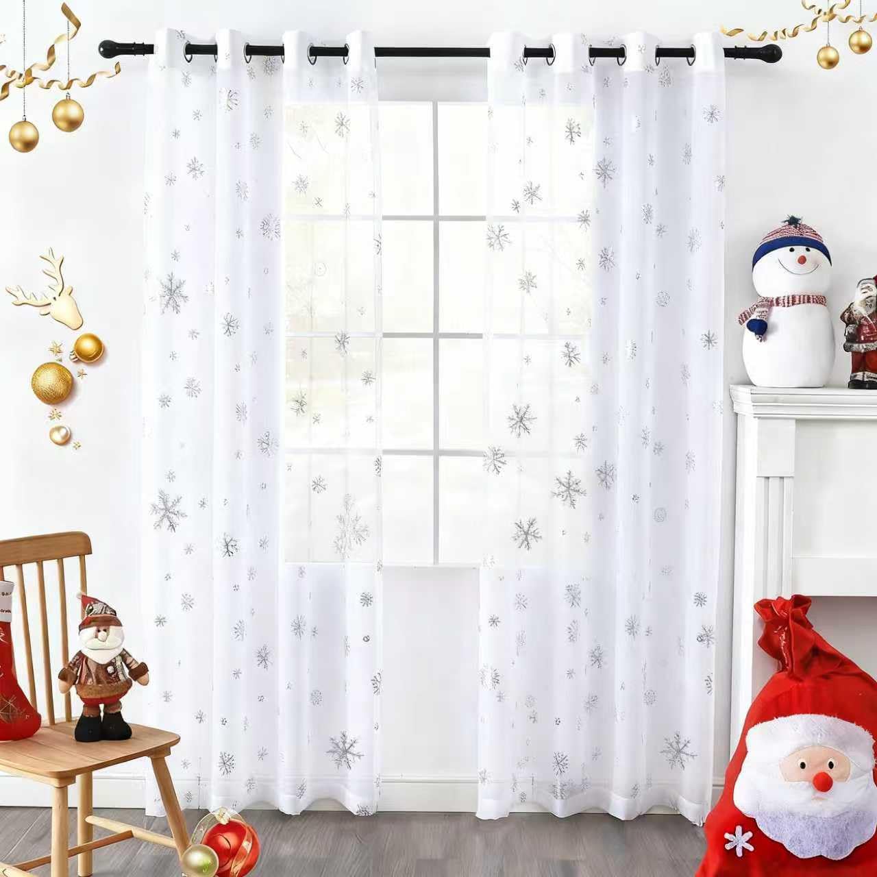 youleyar Snowflake Christmas Sheer Curtains, Luxury Silver Foil Print Voile Sheer Curtains, Metallic Bronzing Treatment Pair for Holiday Window