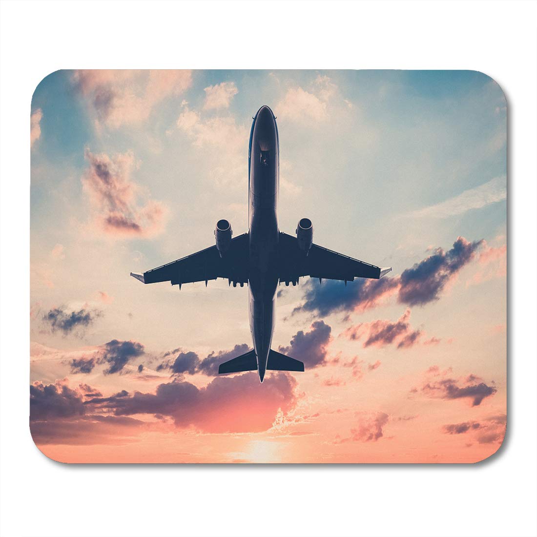 Emvency Mouse Pads Pink Aviation Airplane on Sunset Sky Aircraft Jet Scenic Colorful Commercial Mousepad 9.5" x 7.9" for Laptop,Desktop Computers Accessories Mini Office Supplies Mouse Mats