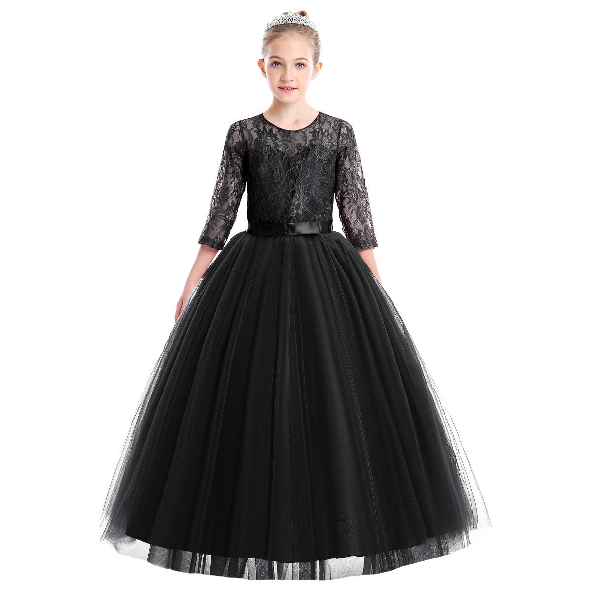 ABEHIK Vestito da principessa per ragazze con fiori in pizzo, abito da principessa, maniche a sette quarti, abito da sera floreale per bambini, in tulle festivo, maxi abito da festa