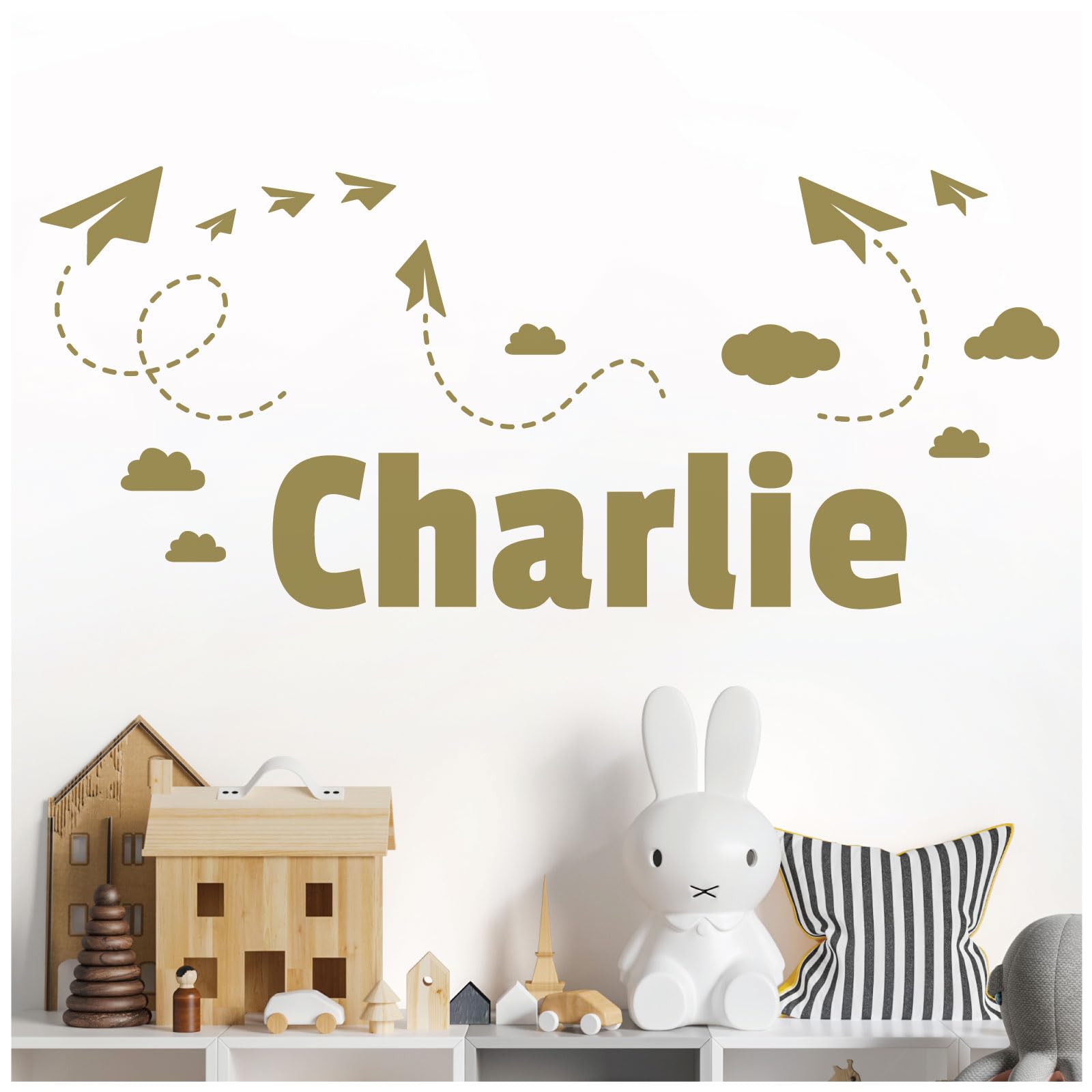 Personalised Name Children Wall Art Sticker - Sky, Paper Planes and Clouds [Medium] [Gold]