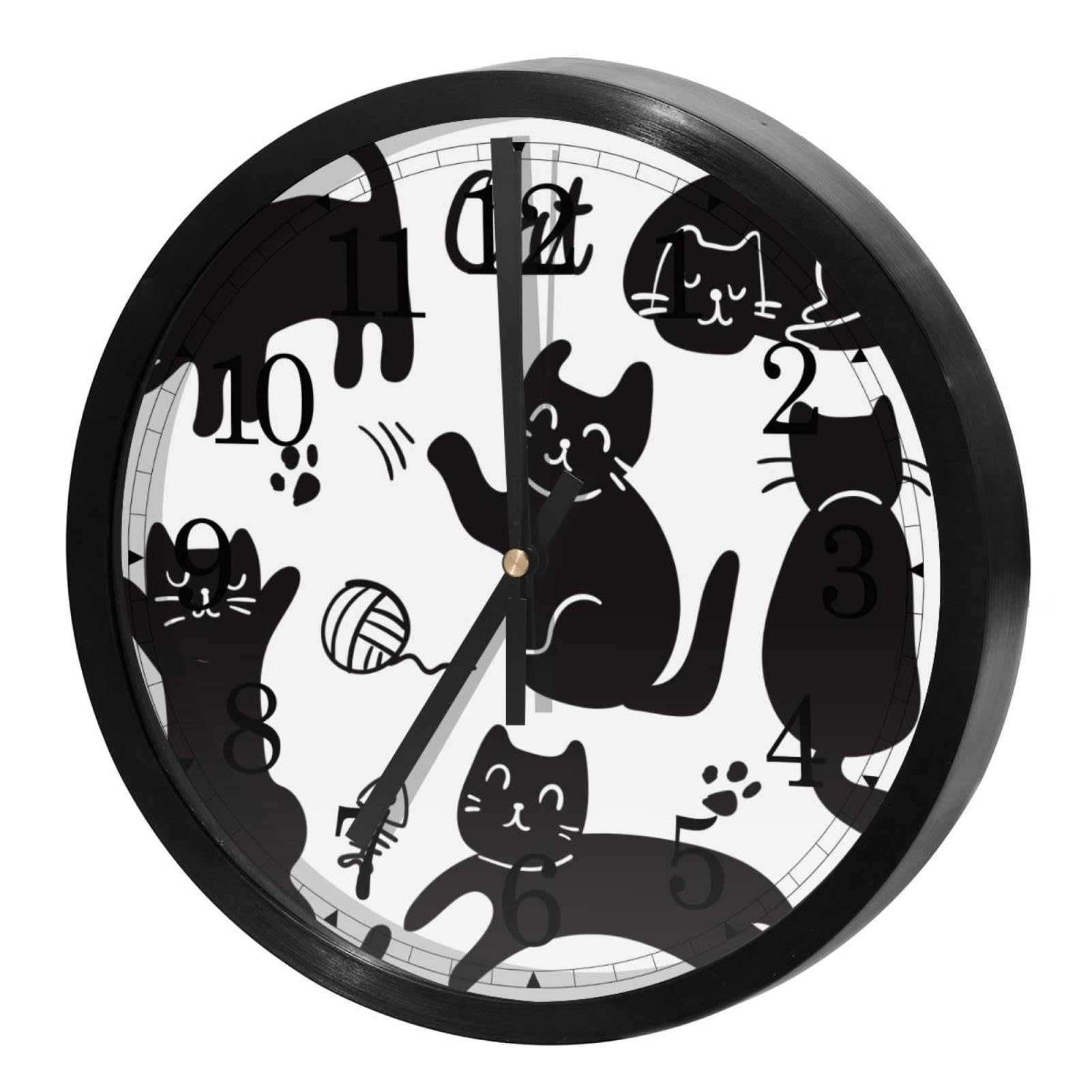 Horloge murale ronde pour cuisine et bureau design chat à piles