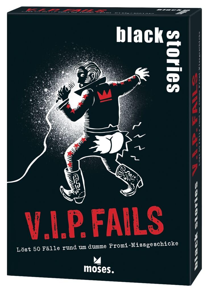 moses. Black Stories V.I.P. Fails - 50 Puzzles with Cases for Stupid Celebrity Misadventures, Crime Card Game for Teenagers and Adults