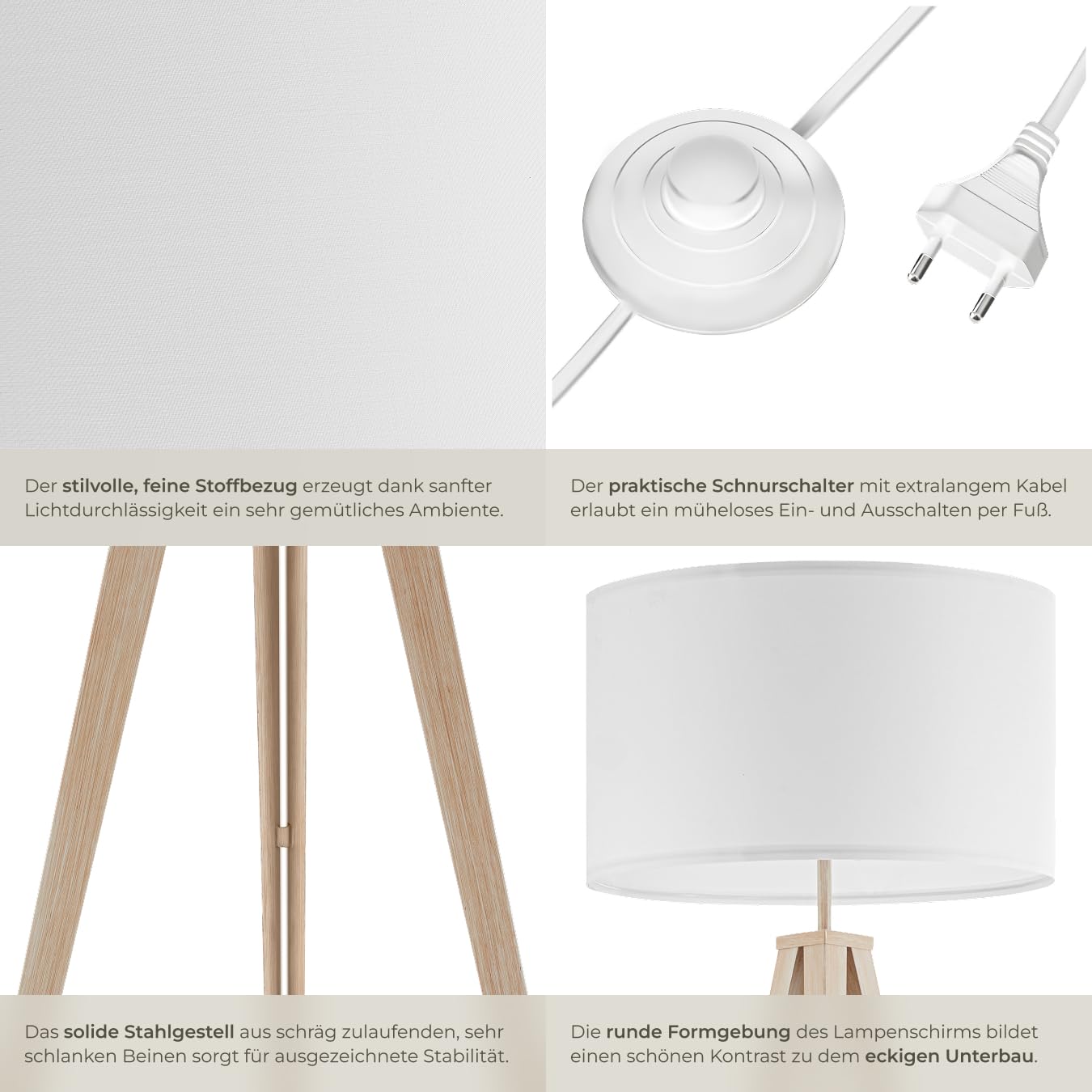 tectake® Dreibein Stehlampe, Lampe im retro boho Stil, gemütliches Ambient Light für Schlafzimmer, Wohnzimmer, als Esszimmerlampe, Lampenschirm in Leinenoptik, modern skandinavisch - eiche