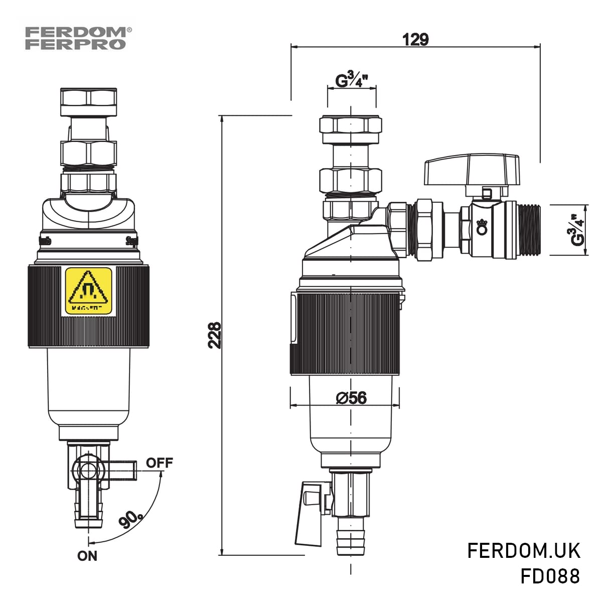 FERDOM FD088 EASY-MAG Filtro Defangatore Magnetico Sottocaldaia 3/4". Anche il sistema solare. Separatore efficiente/filtro 500mμ. Facile da installare e utilizzare. Testa in ottone, Involucro ABS.