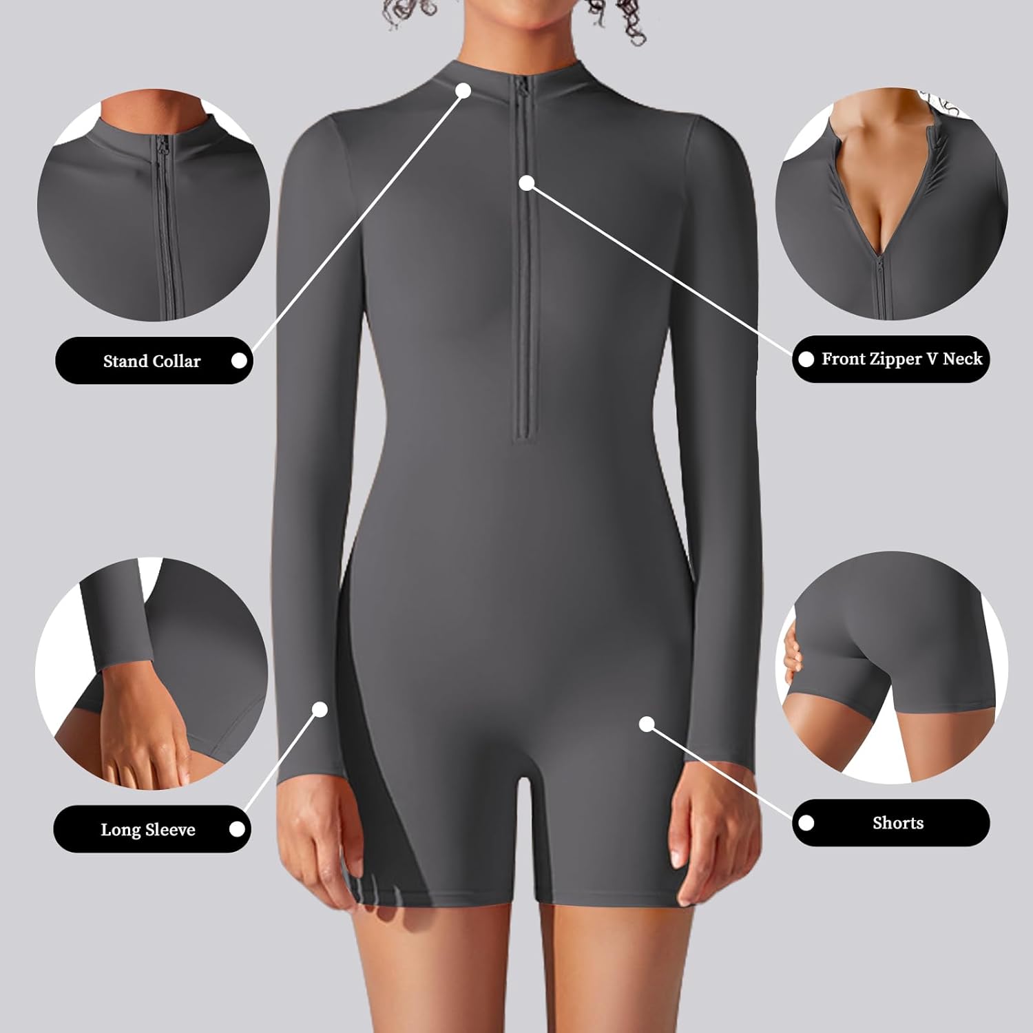 JBT Women Workout Jumpsuit One Piece Zip Up Rompers Long Sleeve Tummy Control Yoga Gym Bodysuit Bodycon - Image 5