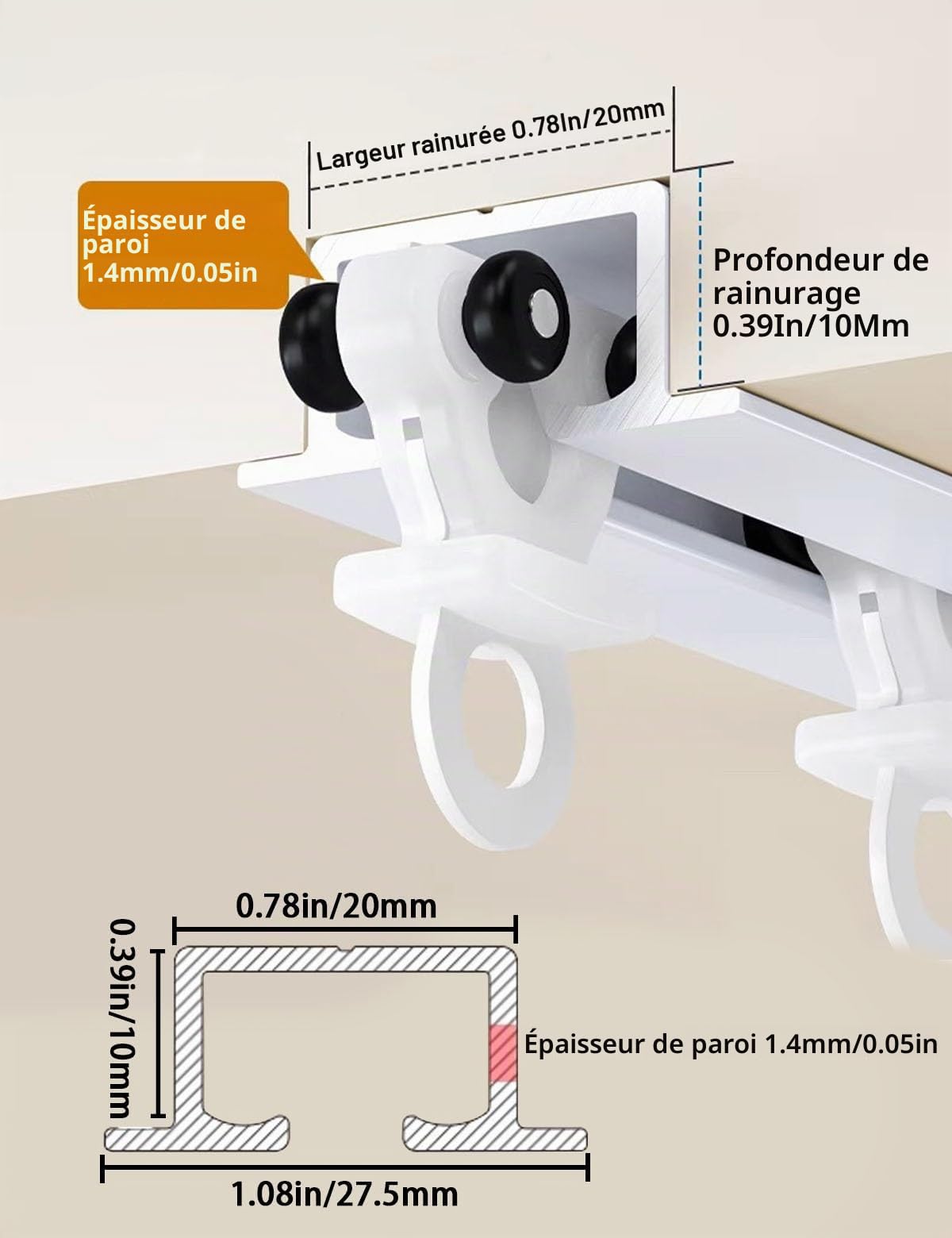 Rail de Rideau de Plafond en Aluminium Invisible, Montage au Plafond Rail de Rideau Aluminium, Rail à Rideau Encastrée pour Separation de Piece/Rideaux/Chambre/Balcon/Bureau/Hôtel(White four wheels,3