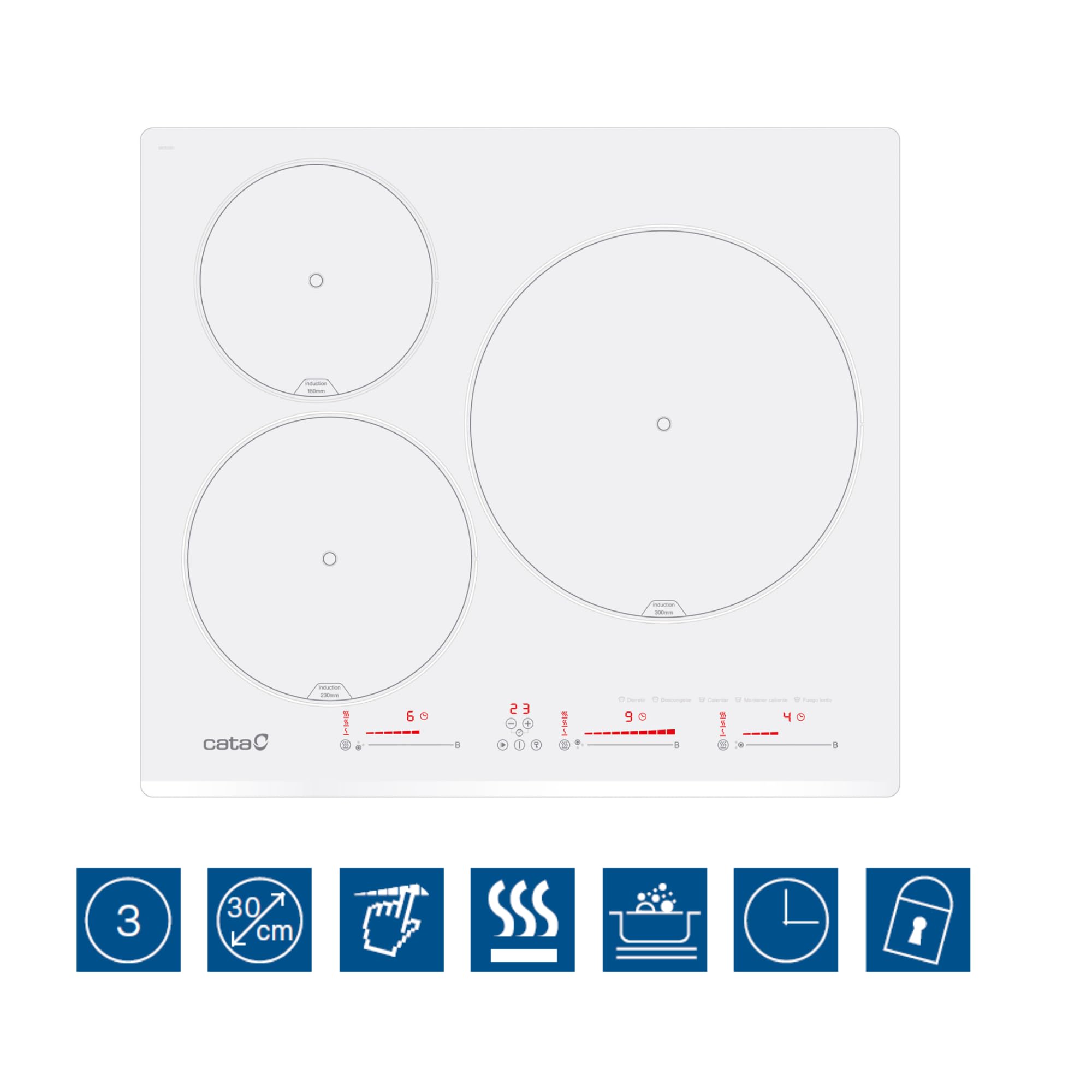 CATA Placa Inducción IB 6003 E2 WH, 3 Areas Cocción, Control Tactil Deslizante, 9 Niveles Potencia Regulable, Bloqueo Seguridad, Temporizador, Detección Recipientes, Bisel Frontal 59cm, Color Blanco
