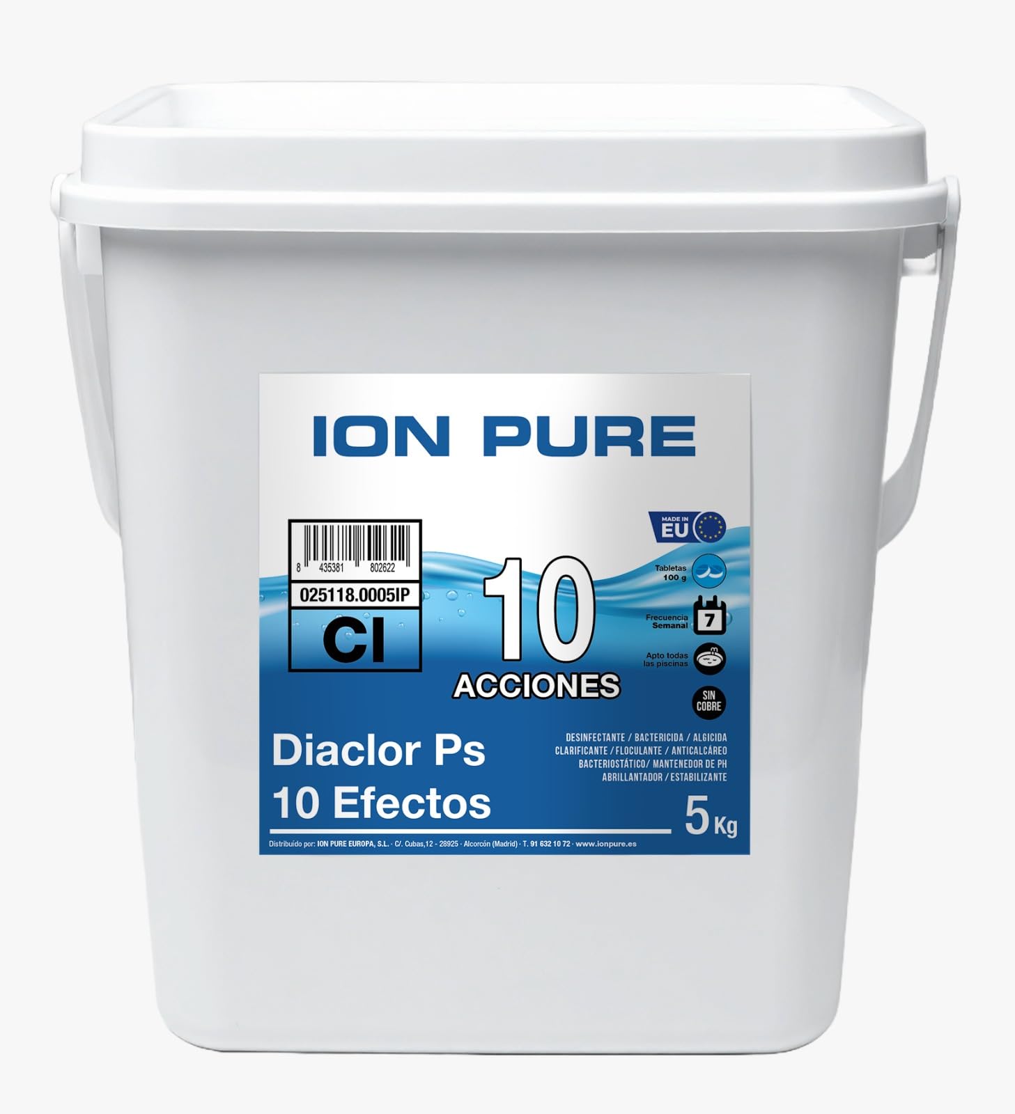 Cloro Total para Piscinas DIACLOR PS 10 Efectos 5 KG - 50 Pastillas de Cloro Multiacción (100 gr) - Tratamiento Profesional Completo