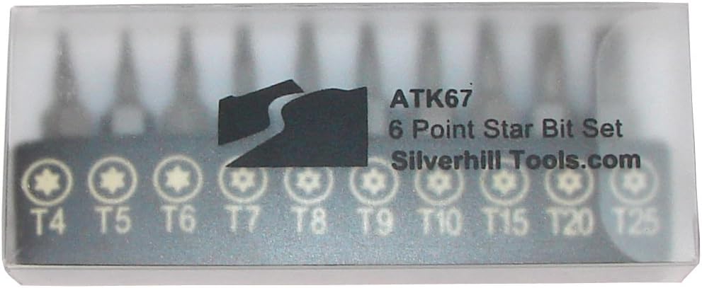ATK67 6 Point Star Security Bit Set with Security Bits (Torx TR Style with Pin In Hole), for Screwdriver Handle for 1/4 Inch Bits. Tool Sizes T4, T5, T6, T7, T8, T9, T10, T15, T20, T25)