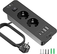 Built-in Socket with USB, 2-Way Table Socket with USB, 4 n 1 Table Top, Recessed Triple Socket with 2 m Extension Cable with Switch, Installation Power Strip for Office, Home, Black