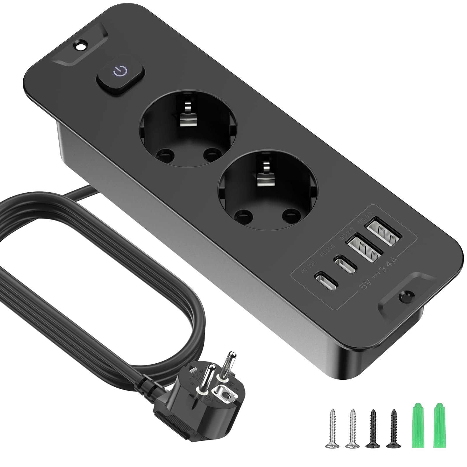 Gniazdo wpuszczane USB, 2 gniazdka stołowe z USB, 4 n 1, potrójne podtynkowe gniazdko z przedłużaczem 2 m z przełącznikiem, listwa zasilająca do biura, domu, kolor czarny