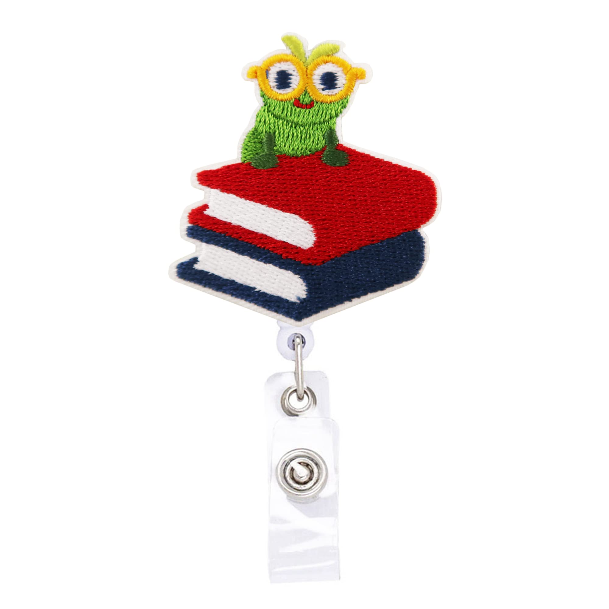 Bookworm Back to School Teacher Badge Reel, Retractable Nurse Teacher Doctor ID Badge Holder with 360° Swivel Alligator Clip, 24 inch Nylon Cord