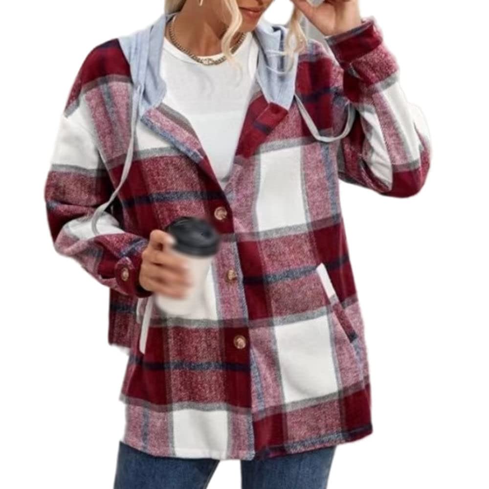 Bluse Damen Elegant，Damen Lässige Kapuzenhemden Flanellhemden Rot Mode Plaid Langarmhemden Herbst Und Winter Verdickte Lose Lässige Mäntel Exquisite Knopfoberteile