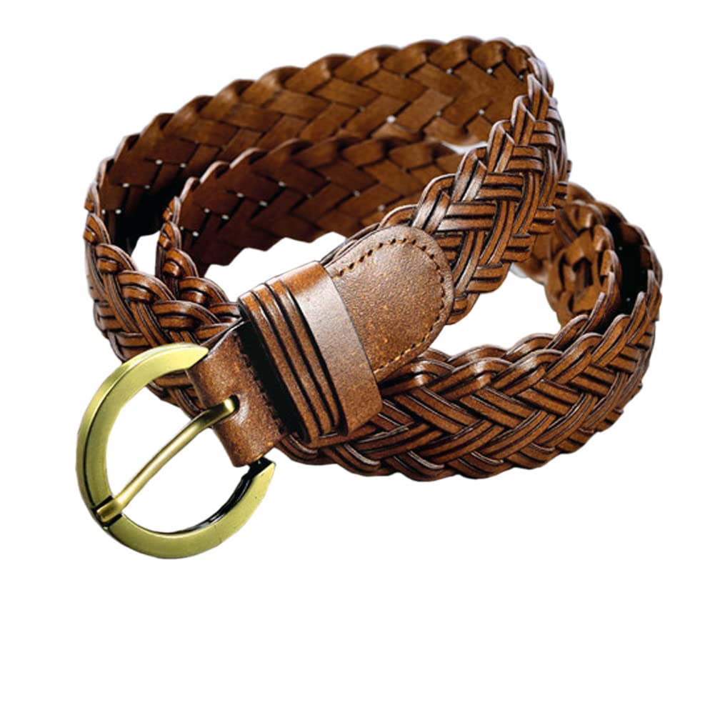 AOYEBOME Women Leather Braided Belts for Dress 3.5CM/1.4 Inch Wide Hand Made Girls Woven Wasitbands with Golden Pin Buckle, Brown, Suit Waist 23"-41"