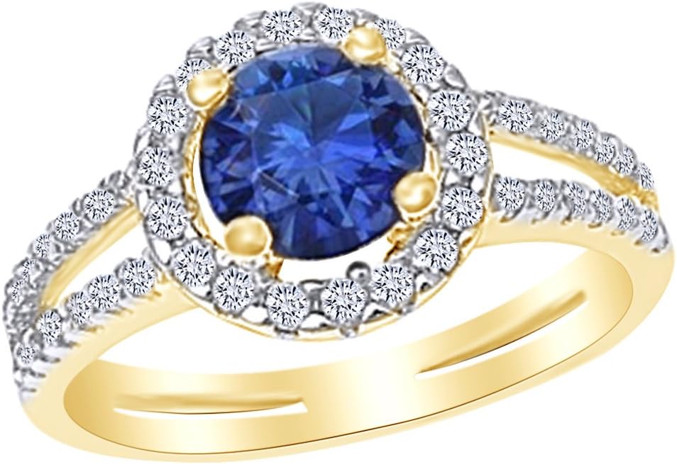 AFFY Simulated Blue Sapphire & White Cubic Zirconia Halo Engagement Ring in 14k Gold Over Sterling Silver