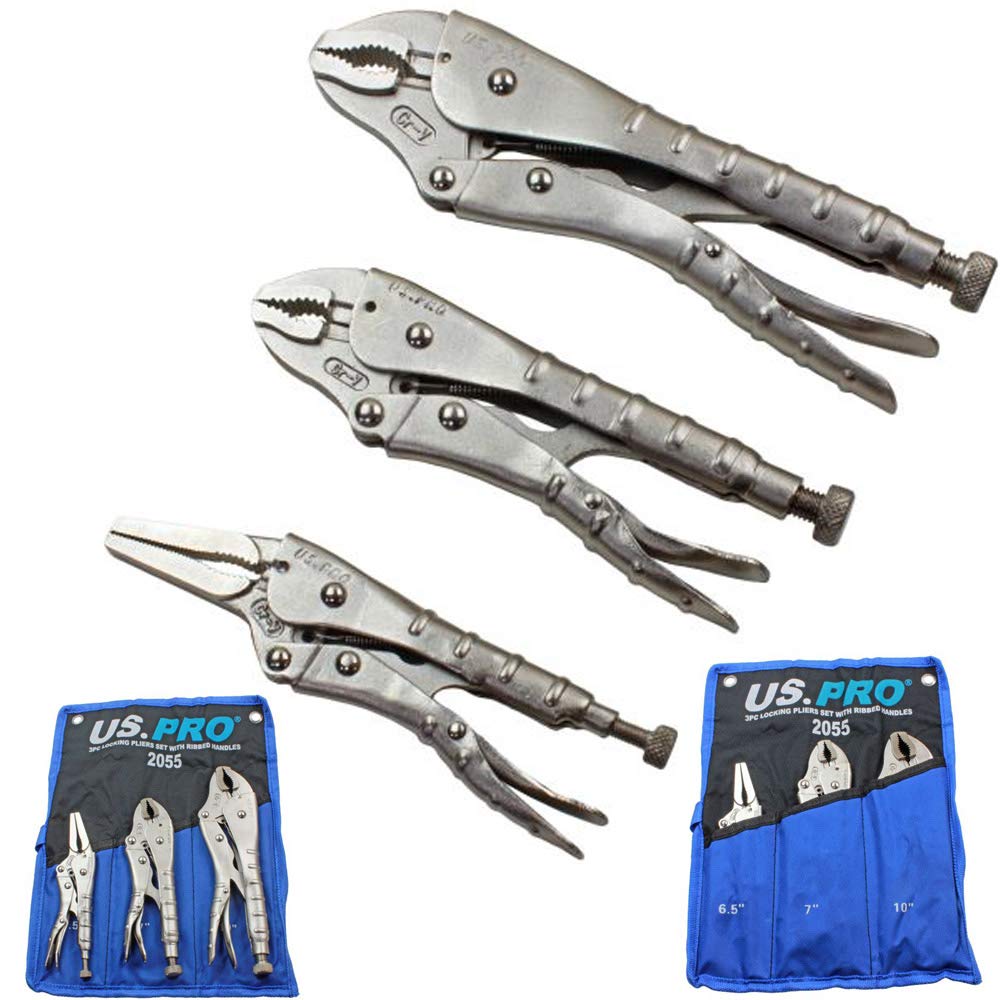 Us Pro Tools 3Pc Locking Pliers Set With Ribbed Handles 6", 7", 10" Mole Grips 2055 5060599866499