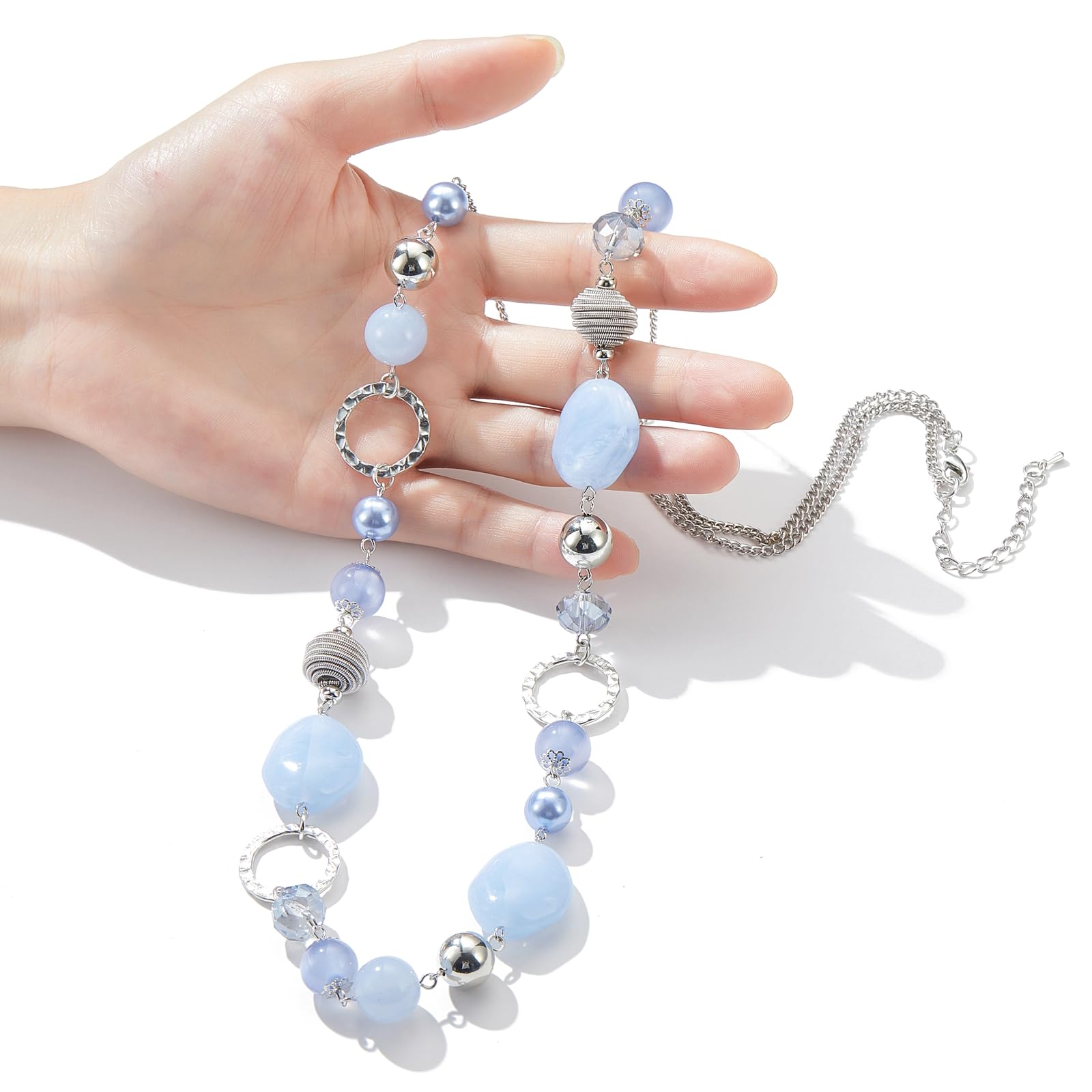 FULU AUTUMN Collana di perle lunga in argento – Collana boheme con cristalli e perle in pietra naturale, gioielli fantasia, idea regalo per la festa della mamma