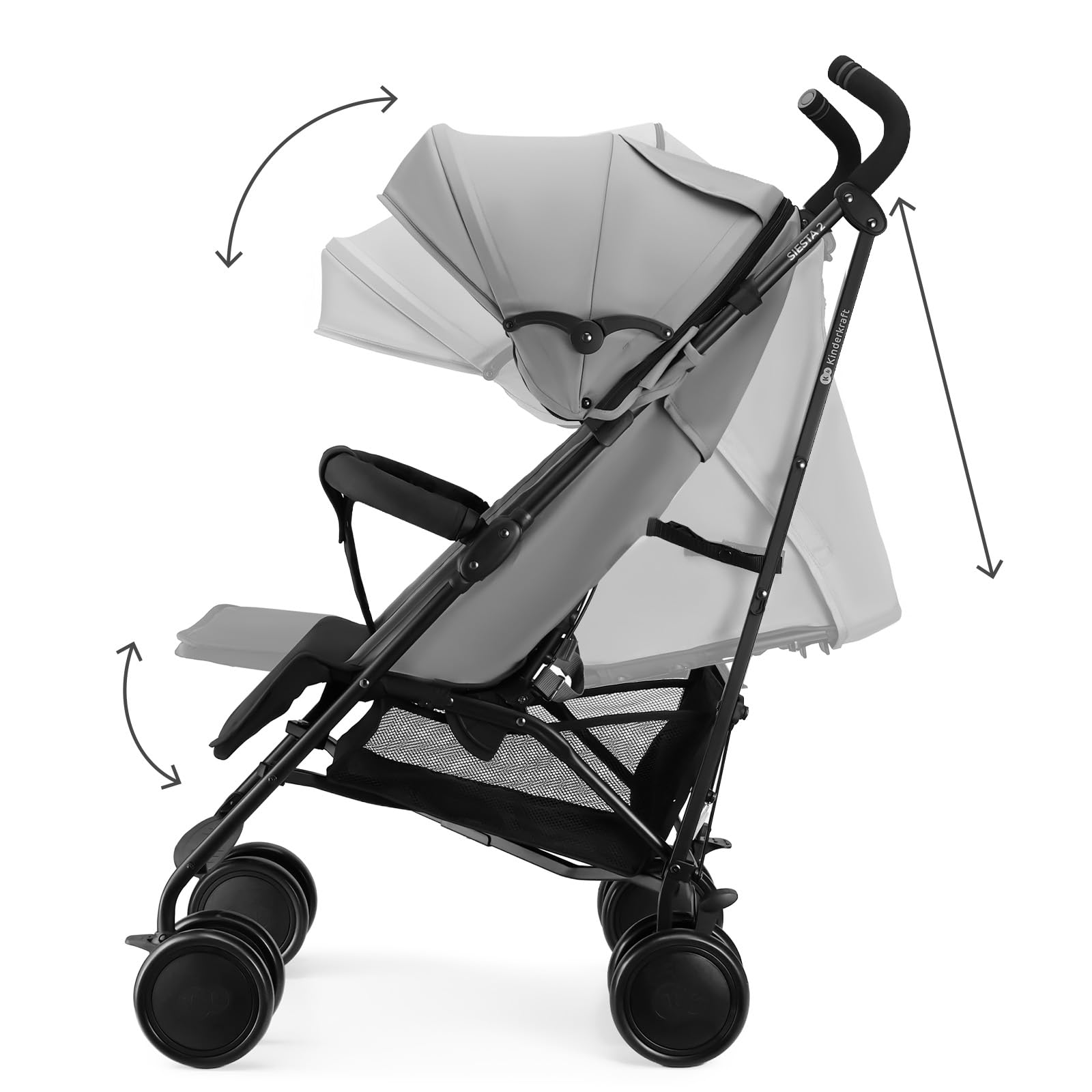 Kinderkraft silla de paseo SIESTA 2 hasta 22 kg, ligera, solo 7,9 kg, plegado tipo paraguas, posición tumbada, reposapiés ajustable, capota transpirable con malla y ventana peekaboo, compacta, Gris
