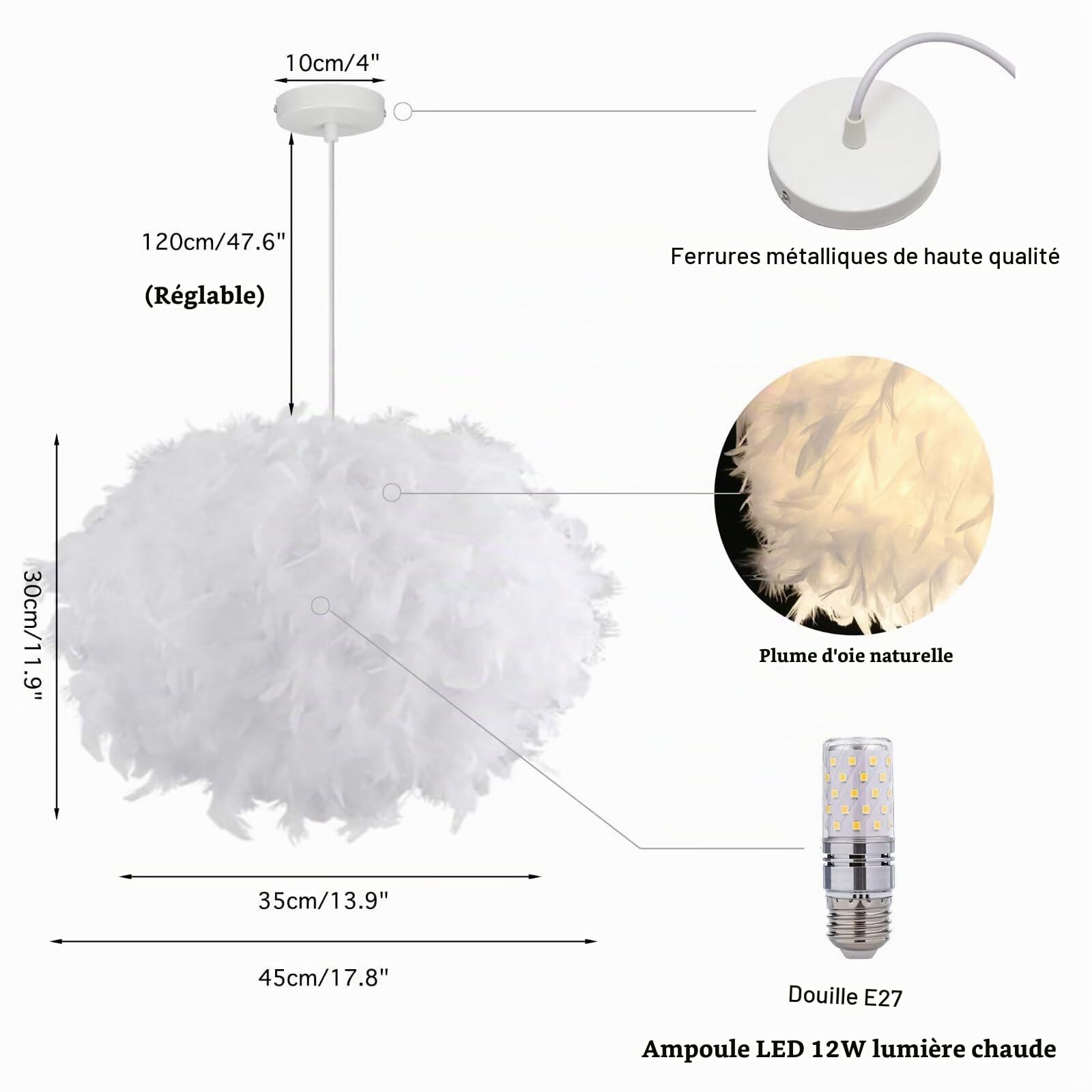 45 cm/17,8" Ellipsoïde Plume Blanche Suspension Abat-Jour en Plumes Plafonnier Lustre en Plumes pour Salon, Chambre à Coucher, Salle à Manger