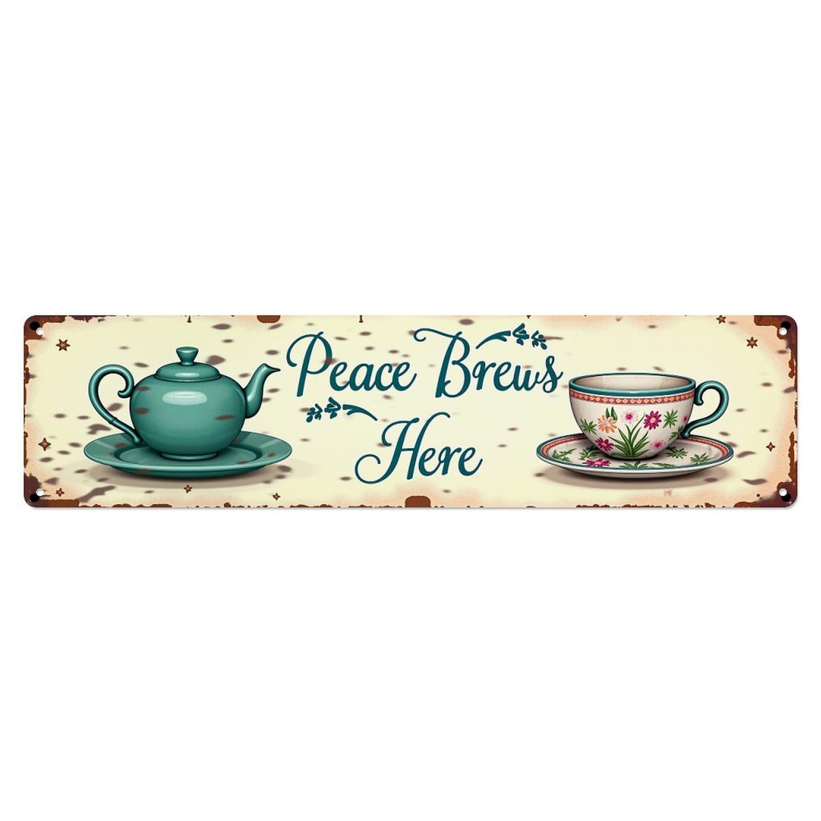 Floral Tea Pot And Cup Metal Tin Sign Plaque