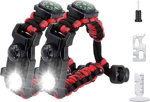 Miniatura 1 de Kit de equipo ajustable de pulsera de paracaídas de supervivencia 20 en 1 con luz LED SOS, iniciador de fuego, brújula más grande, silbato de