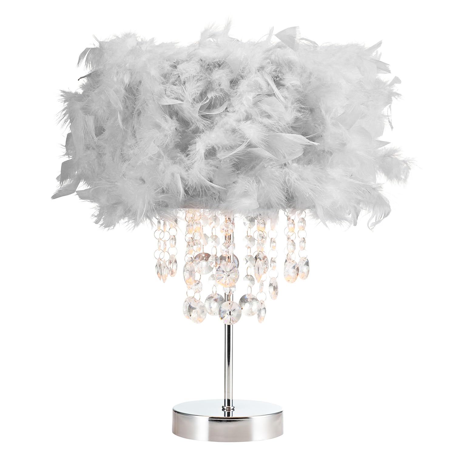 Happy Homewares Grey Chandelier Style Soft Feather Table Lamp With Waterfall Drops