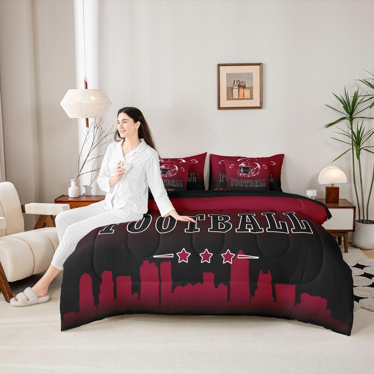 Erosebridal Football City 7 Piece Bedding Set Twin American Soccer Comforter Set with Sheets for Kids Boys Teen Adults,Sports Rugby Bed in A Bag Ball Competitive Games Bed Set,Brown Black