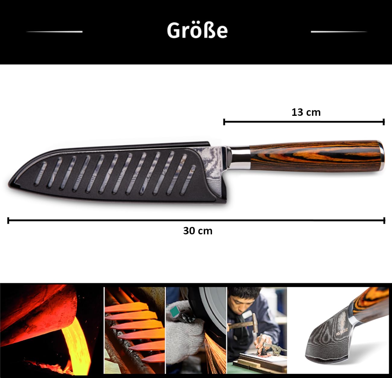 Wolfblood Damastmesser Santoku Messer XL (30cm) TÜV geprüfter 62 HRC Damaststahl aus 67 Lagen I Damast-Küchenmesser Santokumesser mit Holzgriff Geschenkbox und Klingenschutz