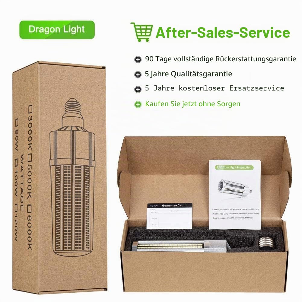 DragonLight 80W Superhell Mais Licht LED Glühbirne Lüfterlos(Ersetzt 600Watt) - E27 LED Lampe mit E40 Adapter - 5000K Kaltweiß 9,600 Lumens für Gebiet Beleuchtung - Garage Werkstatt Straßenleuchte