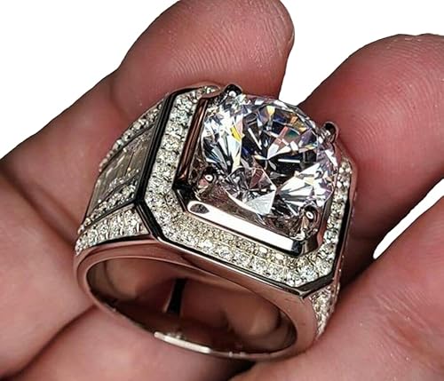 Ssjewel Hip Hop Luxury Men's Solitare Engagement Ring 5 Ct Round Cut Diamond 14k White Gold Finish 925 Sterling Silver Handmade Gift Ring For Him