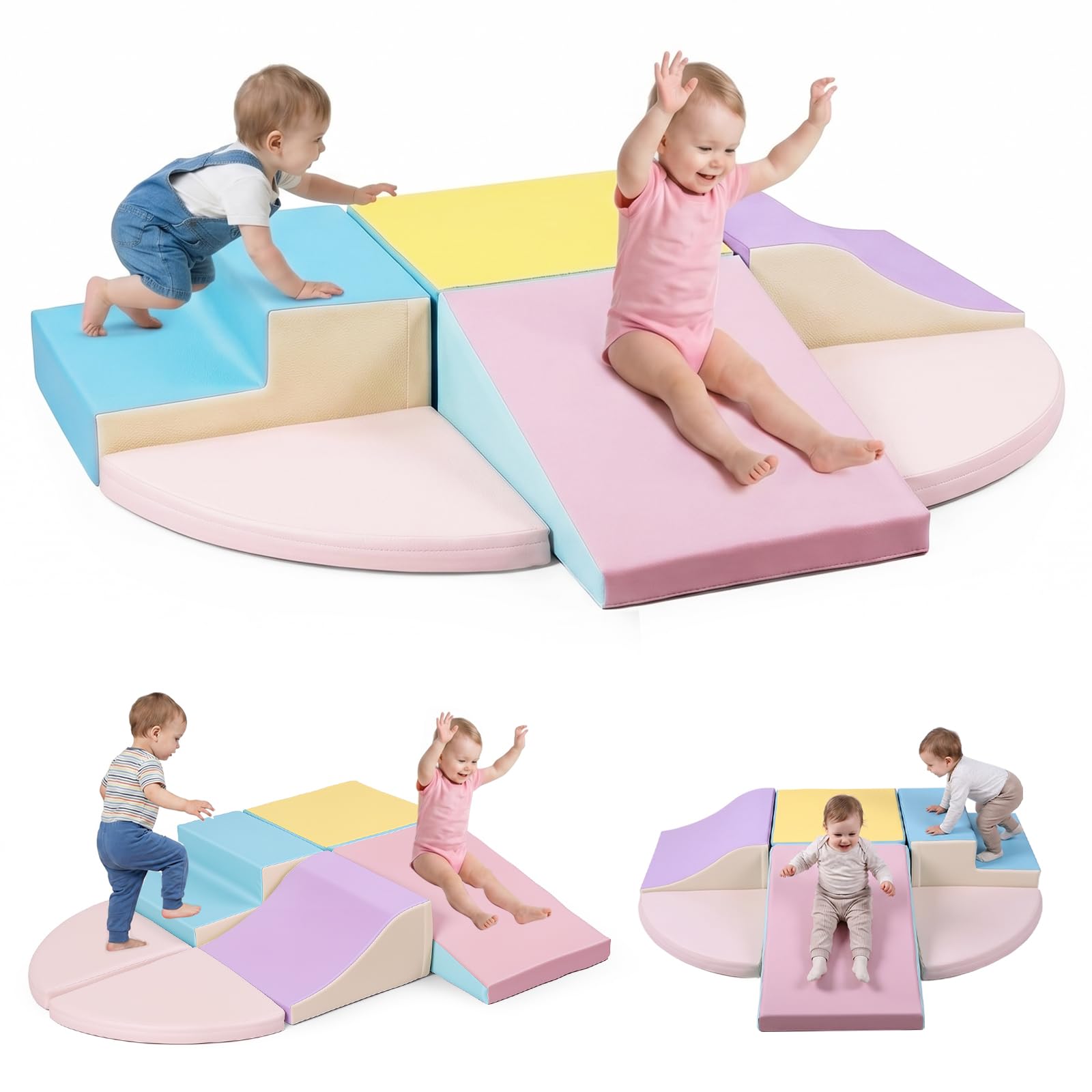 Kynorva Soft Foam Climbing Blocks for Toddlers, PU Leather Play Set with Stairs & Slide, Indoor Activity Toy for Motor Skills (Macaron-Colored Set)