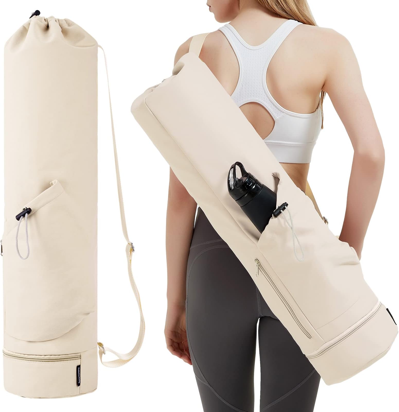 sportsnew Yoga Mat Bag with Water Bottle Pocket and Bottom Wet Pocket, Exercise Yoga Mat Carrier Multi-Functional Storage Bag, Beige