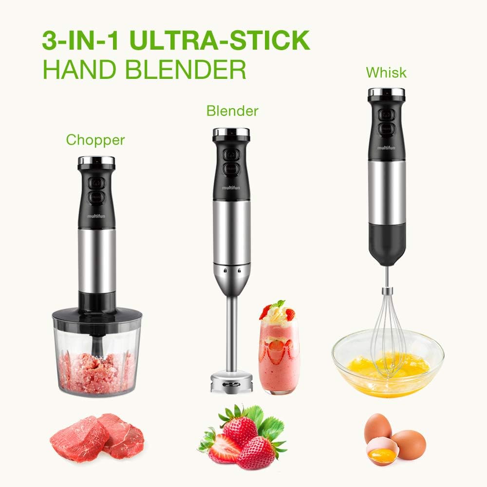 Hand Blender, multifun Smart Stick 9 Speed and Turbo Mode, 3-in-1 Immersion Blender with Heavy Duty Copper Motor, Titanium Steel Blades, Comfy Grip Handle, with Whisk, Chopper/Grinder Bowl and Beaker