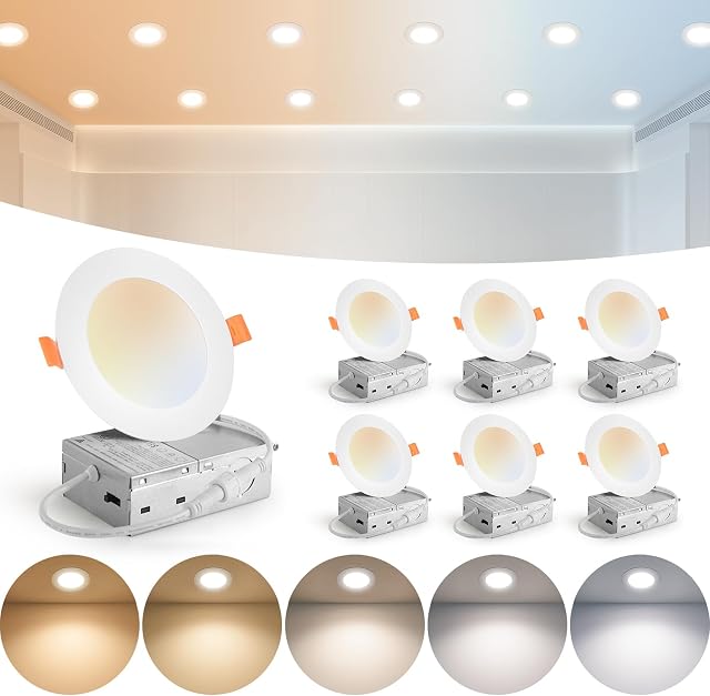 MAILCOS paquet de 6 4 1 cm 5CCT Ultra-mince LED Lumière de plafond encastrée avec boîte de jonction, 2700K-5000K Sélectionnable, 810LM Haute Luminosité, Éclairage de Wafer sans canif, 9W 120V, ETL