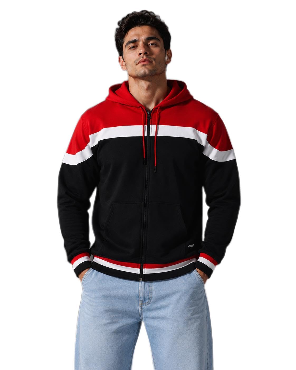 Men's Colourblock Hooded Sweatshirt | Striped Hem & Cuffs, Full-Zip Closure, Kangaroo Pockets, Drawstring Hood, Casual Wear-picture-44