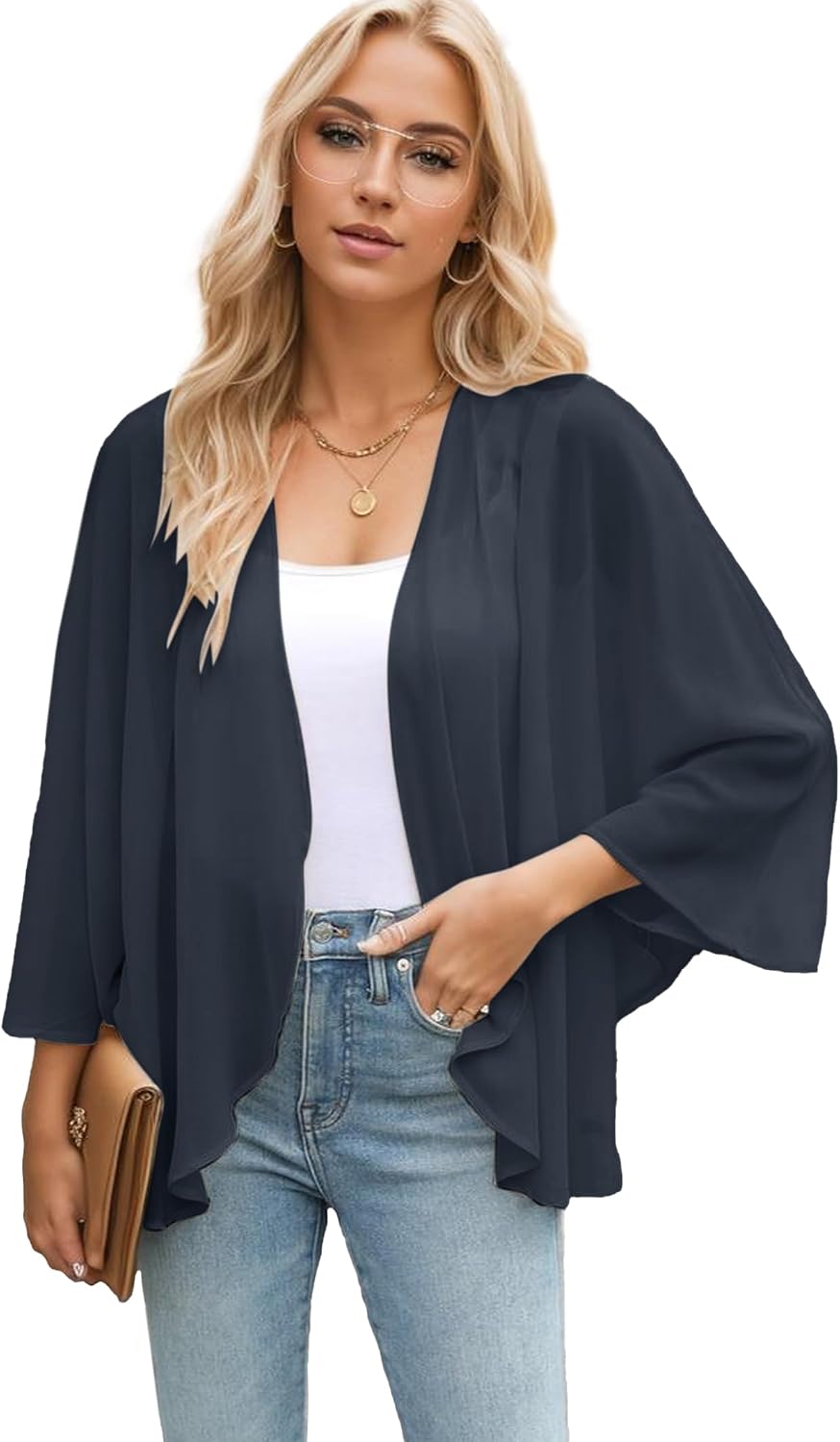 Finoceans Women's Chiffon Kimono Cover Up - Beach Cardigan, Floral, Loose Fit (XXL, Blue) - View #13