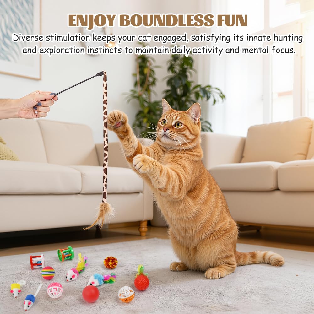 Set di Giocattoli per Gatti con Tunnel,22 Pz Giochi per Gattini,Gioco Gatto da Interno Set con Topi,Bacchetta di Piume Palline e Campane ecc per Gattini, Cuccioli