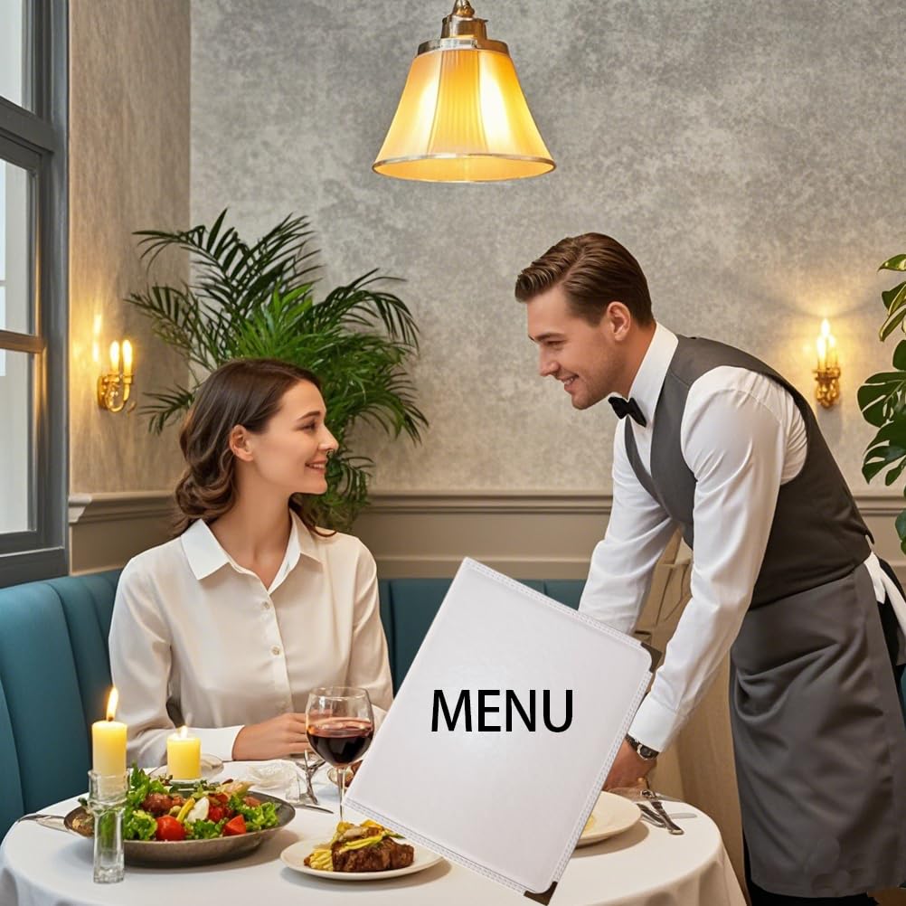 Restaurant Menu Cover 8.5x11 Inch Premium Leather (Set of 2) – 4 Page 8 View, Elegant Durable Menu Holder for Restaurants, Hotels, Cafes, Office, Upscale Dining & Events White