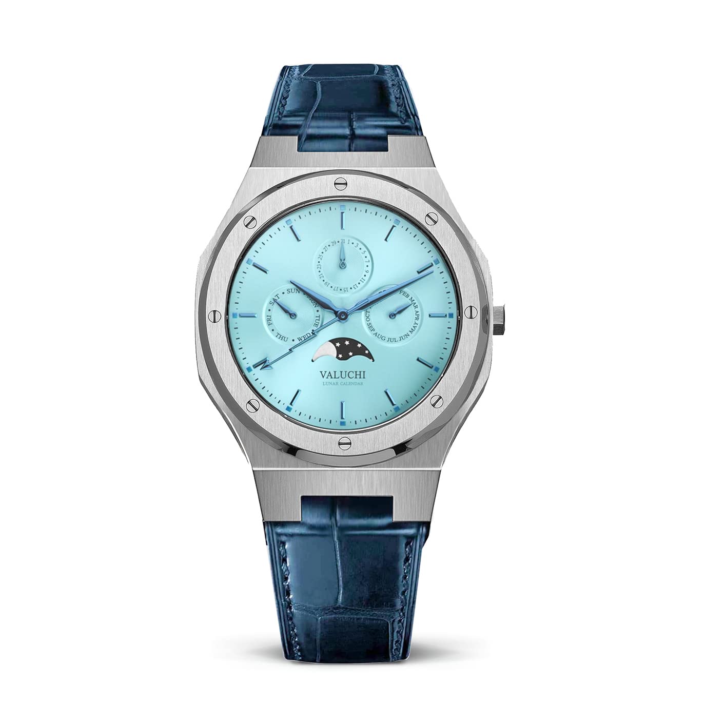 Valuchi Luxury Fashion Men's Lunar Calendar Waterproof Stainless Steel Moonphase Sapphire Glass Japa