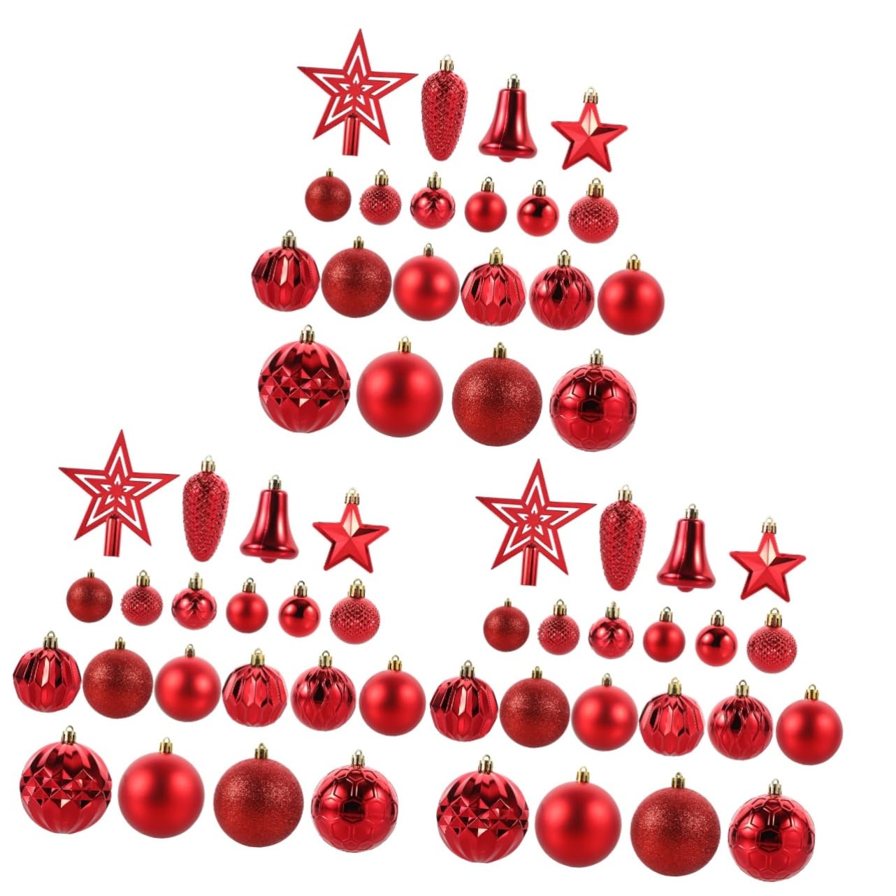 Estrella árbol de Navidad topper y 135 adornos navideños rojos para una decoración completa.