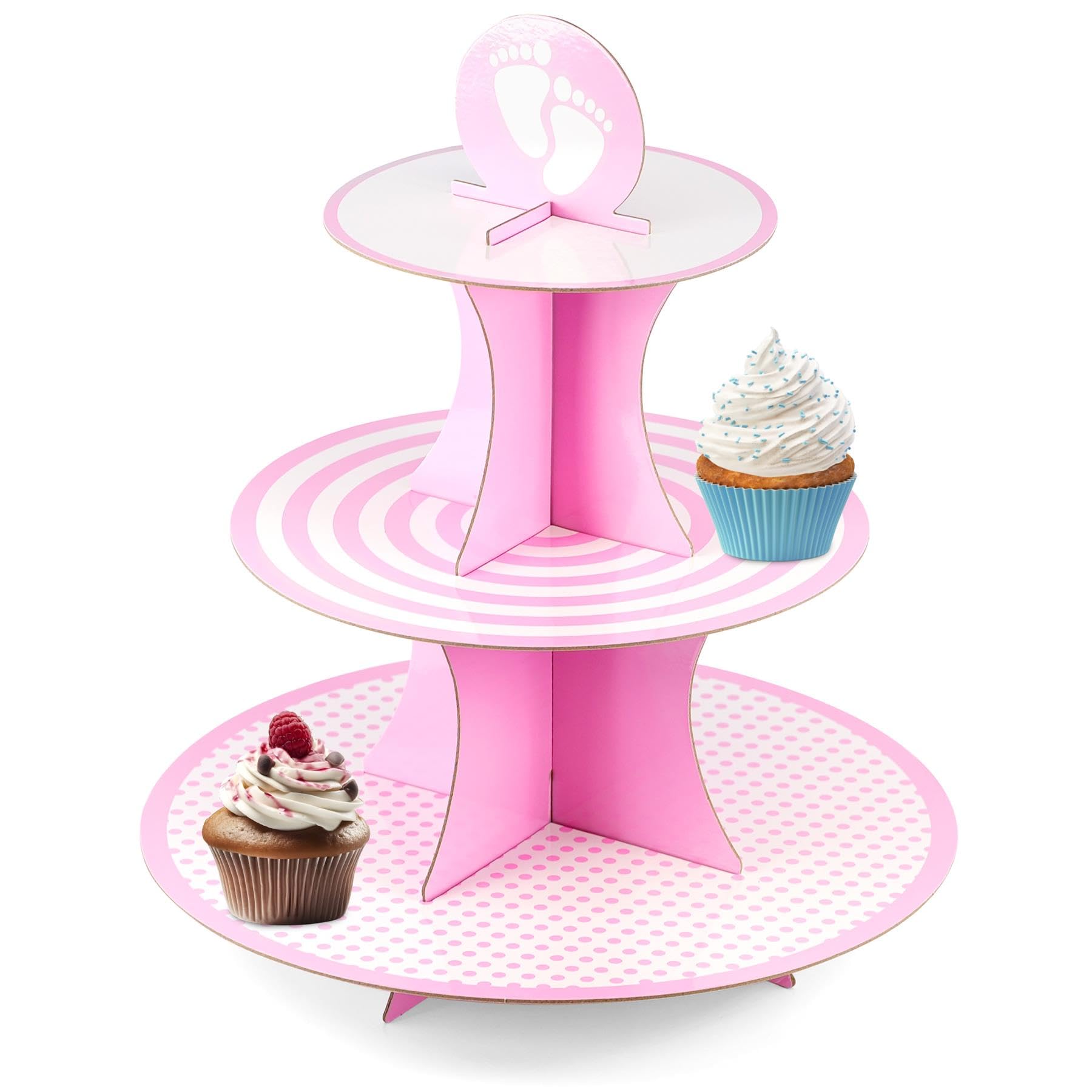 Geezy Pink 3 Tiers Cardboard Cupcake Stand - Reusable Cake Stand & Easy Assembly - Perfect For Baby Showers, Birthdays & Celebrations - Ideal 3 Tier Cake Stands For Afternoon Tea Stands