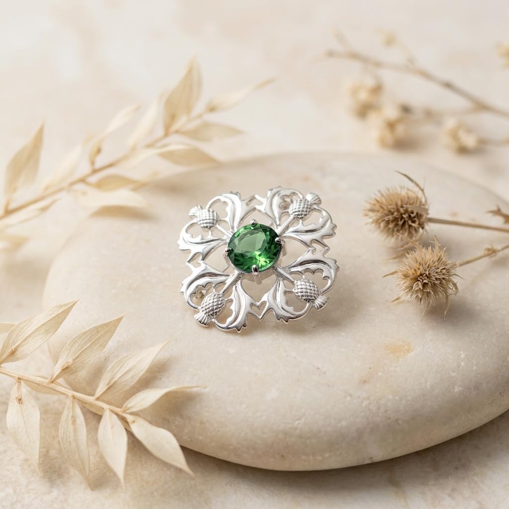 Alexander Castle Broche Chardon Écossais en Argent Sterling 925 pour Femme, ornée d'une Pierre Émeraude en Oxyde de Zirconium - Cadeau Écossais pour Femme, avec Coffret Cadeau Bijoux