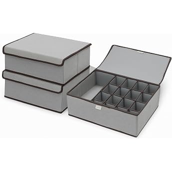 PEROS Storage Boxes with Lids Organiser Set of 2 Foldable Fabric Box Organiser Boxes with Lids 44 x 29 x 12.5 cm Grey