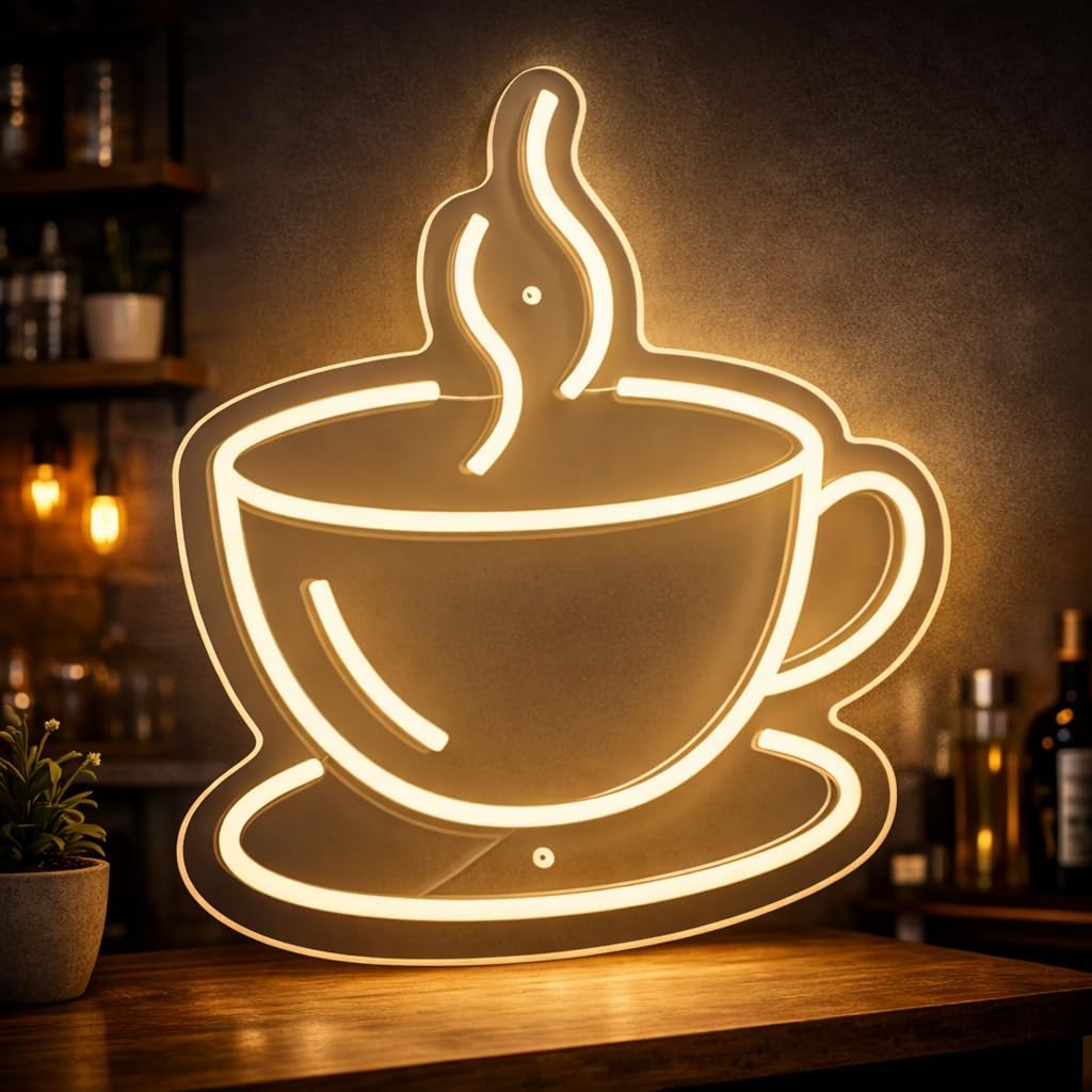 ILERY Tea Coffee Cup LED Neon Wall Light for Café and Restaurant Decoration, Warm White Glow