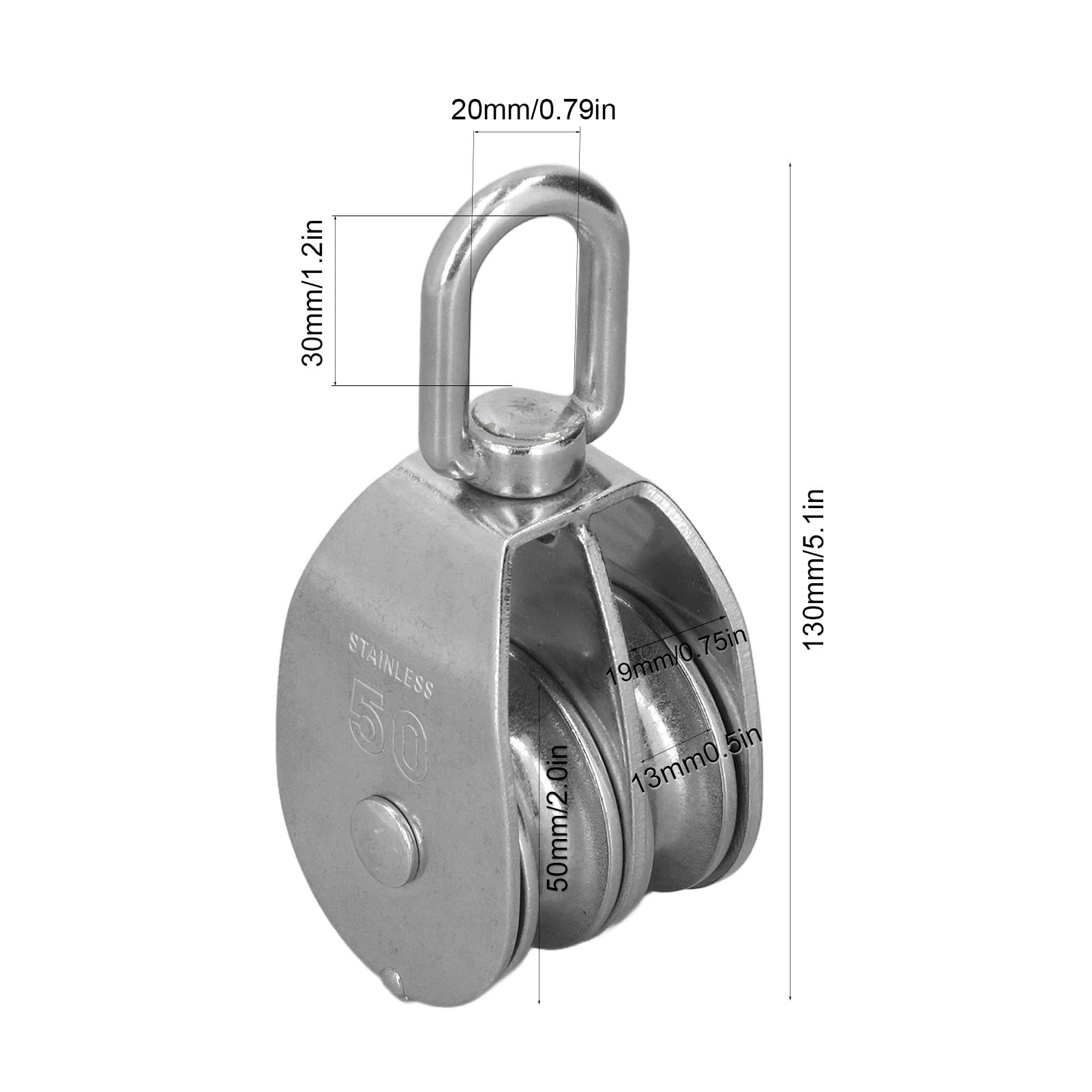 Doppelter Flaschenzug, robuste Doppelrollenrolle aus Edelstahl 304 for Yachten und Boote – 50 mm/2,0 Zoll mit 400 kg Tragfähigkeit