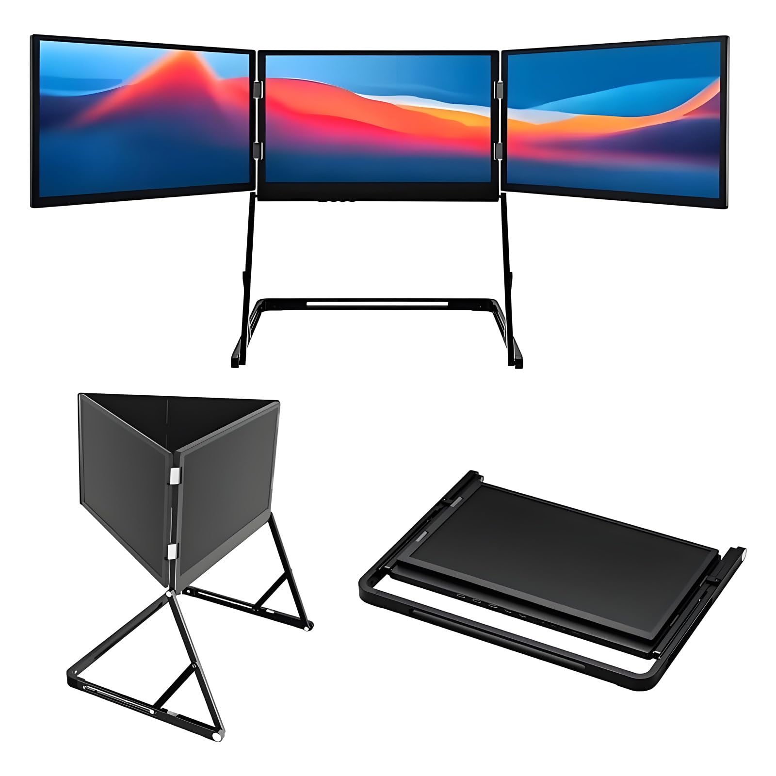 Przenośny, Składany, Potrójny Monitor Ips o Przekątnej 15,6 Cala i Rozdzielczości FHD 1080p, Przedłużacz Ekranu Laptopa, Złącze Hdmi/usb-C Plug And Play dla Systemów Windows, Mac i Android