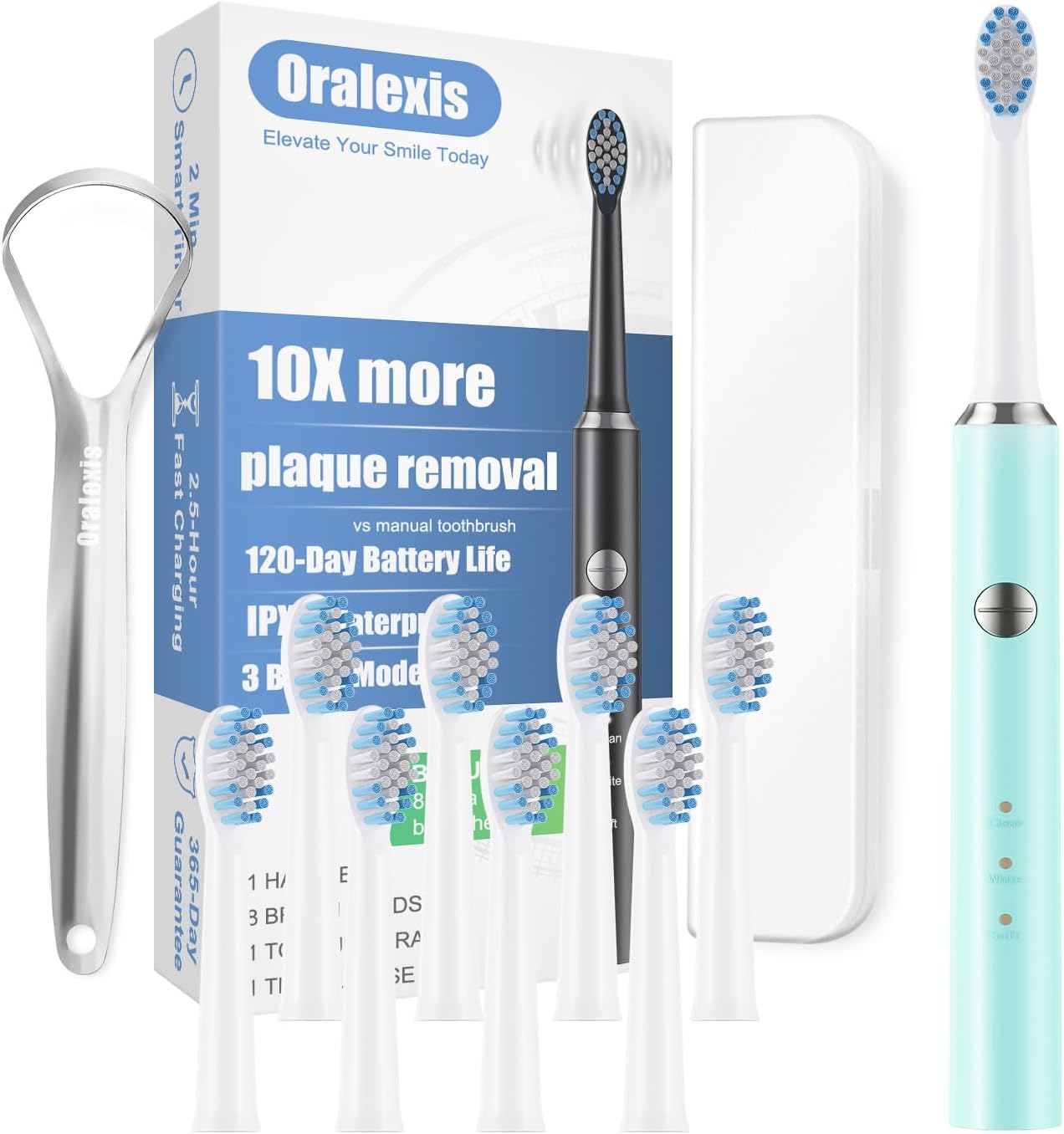 ORALEXIS Electric Toothbrush for Adults and Kids, with 8 Brush Heads and Tongue Scraper, 2 Minute Smart Timer, One Fast Charge Last 120 Days, 40000 VPM Deep Clean, Sonic Travel Toothbrush - Blue