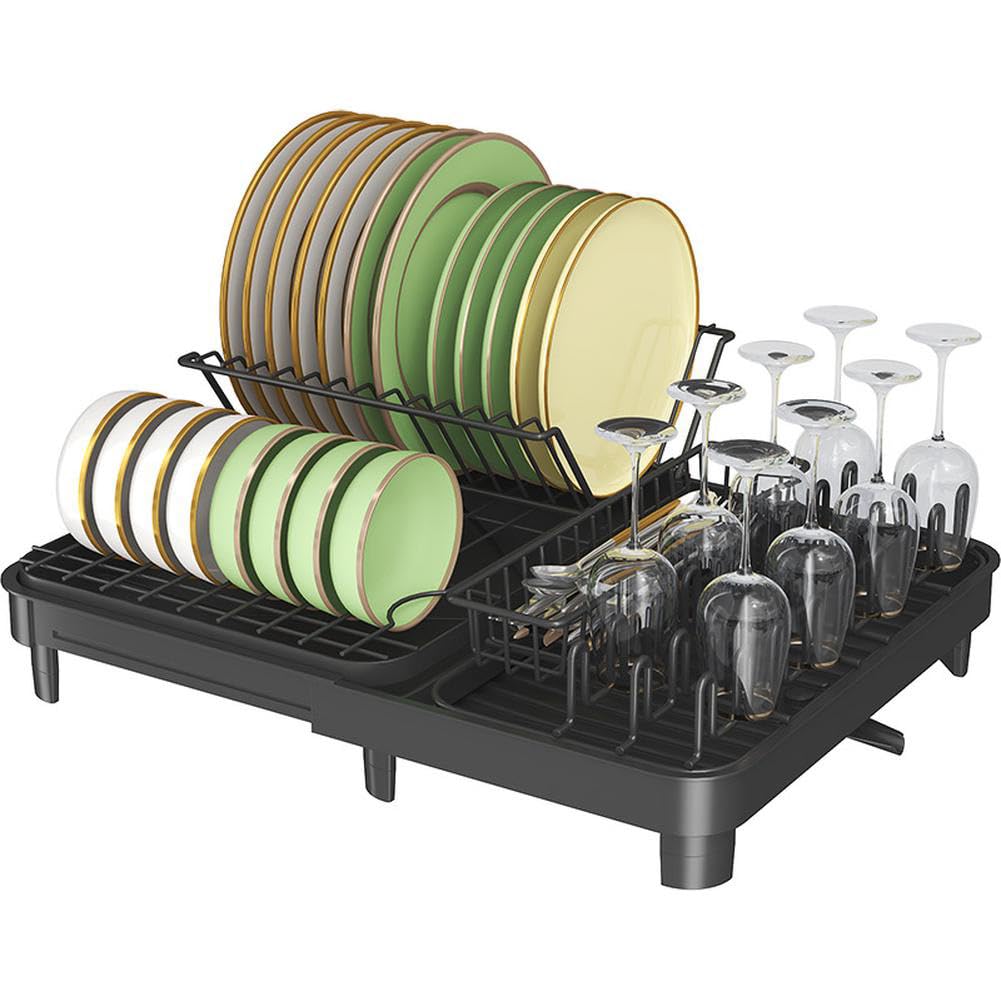 Escurridor de vajilla de cocina extensible, escurridor de vajilla de acero inoxidable con cesta para cubiertos y bandeja de goteo, escurridor de vajilla en fregadero con boquilla de drenaje giratoria