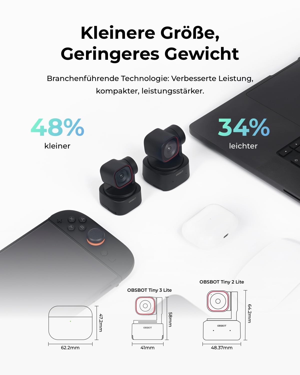 OBSBOT Tiny 3 Lite AI-Powered Spatial Audio 4K Webcam – Kompakte AI-Tracking-PTZ-Kamera mit 1/2"-Sensor, Tri-Mic, Voice Control, 120FPS, HDR, Webcam für PC, Mac, Laptop, Streaming, Meeting, Switch 2