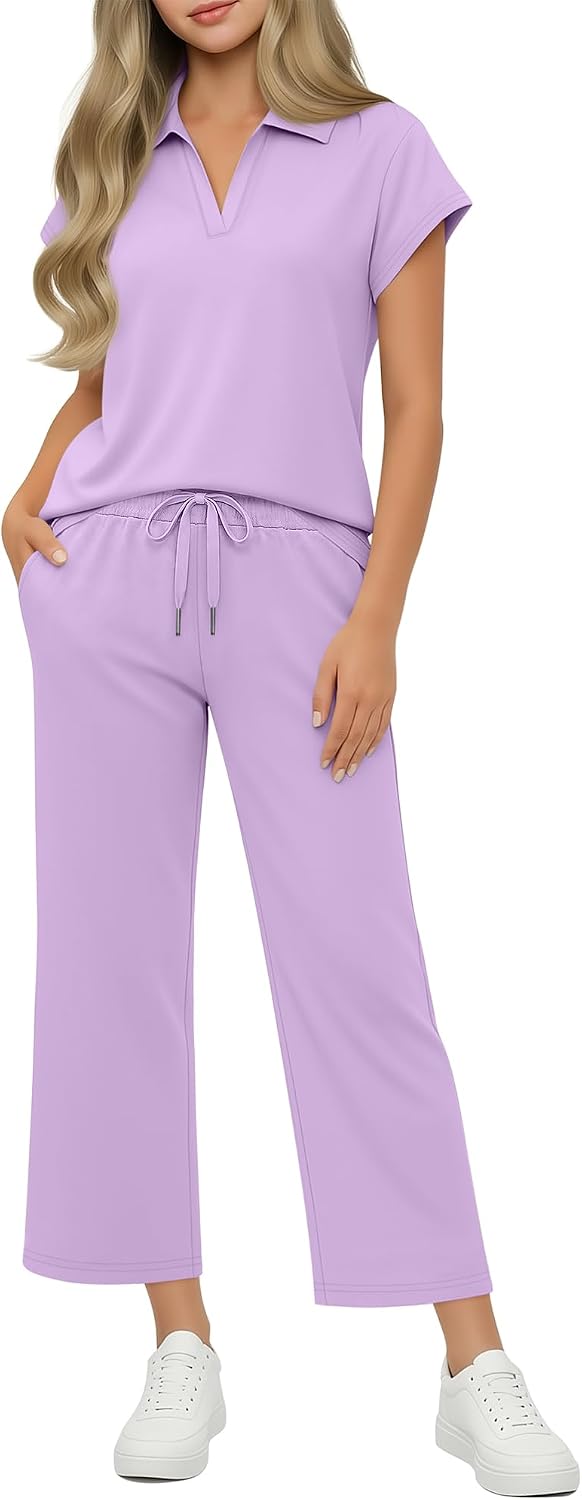Girls' 2 Piece Outfits Clothes Short Sleeve V Neck Top Wide Leg Drawstring Pants Casual School Sets